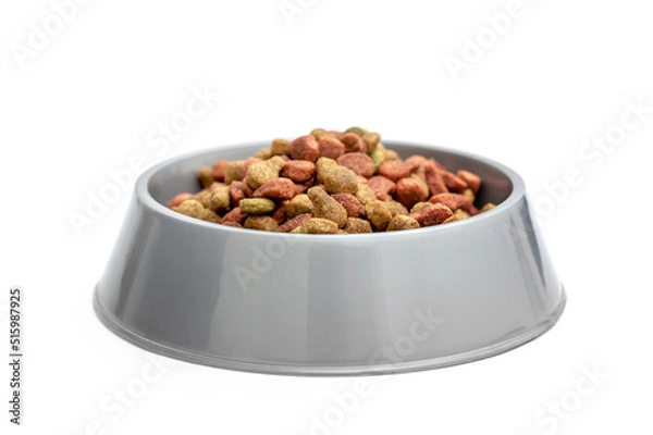 Fototapeta Plastic animal bowl with dry feed. Isolated on white.