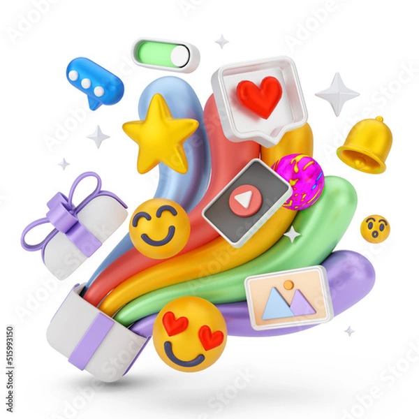 Obraz Creative concept of 3d render social media marketing cartoon illustration with 3d floating icon. 3D rendering