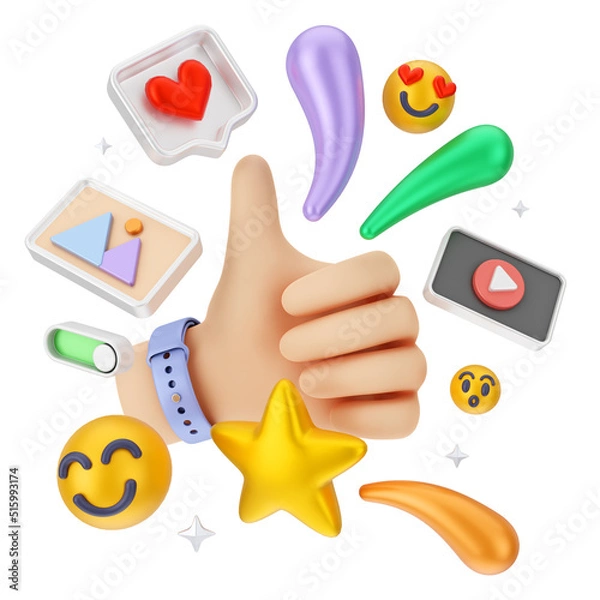 Obraz Creative concept of 3d render social media marketing cartoon illustration with 3d floating icon. 3D rendering