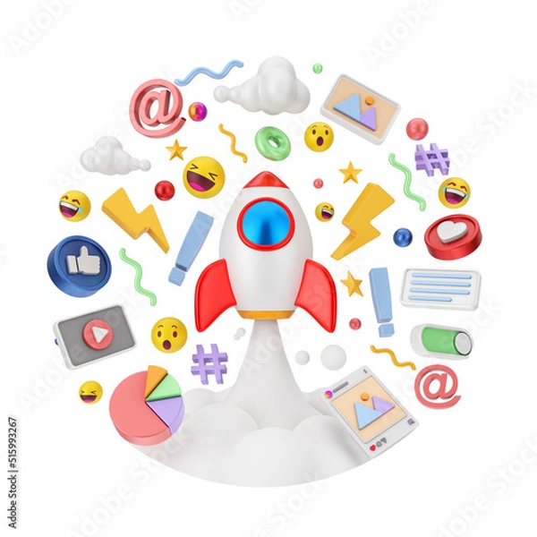 Obraz Creative concept of 3d render social media marketing cartoon illustration with 3d floating icon. 3D rendering