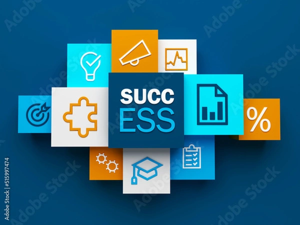 Fototapeta 3D render of top view of SUCCESS business concept with colorful cubes on dark blue background