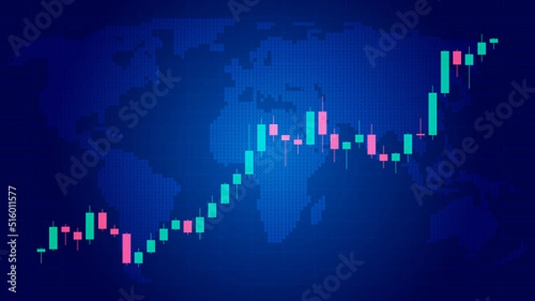 Obraz Cryptocurrency gain graph on blue bitcoin world map. Vector.