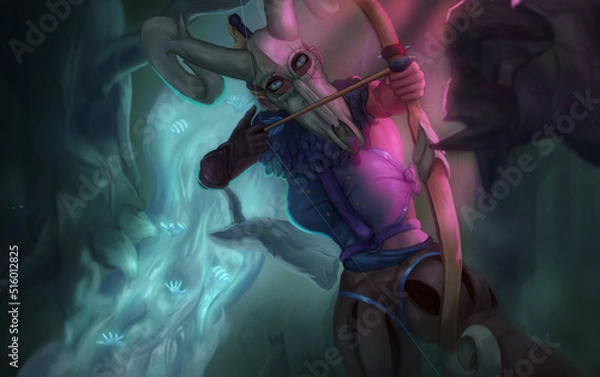 Obraz Girl in a bone helmet falls from a tree and shoots with a bow
