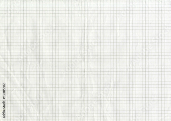 Fototapeta High resolution large image of a white uncoated checkered graph paper scan wrinkled weathered old thin textbook paper with gray checkers copy space for text for presentation high quality wallpaper