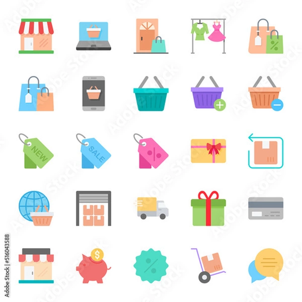 Fototapeta Flat color icons for shopping and e-Commerce.