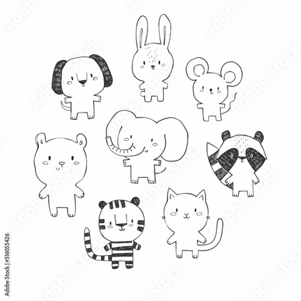 Fototapeta Hand-drawn childish set of different animal. Elephant, rabbit, mouse, raccoon, cat, tiger, bear and dog. Vector illustration in doodle style, outline art. For coloring book and print for clothes.