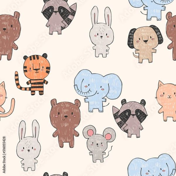Fototapeta Seamless pattern of hand drawn children's animals. Elephant, rabbit, mouse, raccoon, cat, tiger, bear and dog. Vector illustration in doodle style, colorful. For wrapping paper, fabric, wallpaper. 