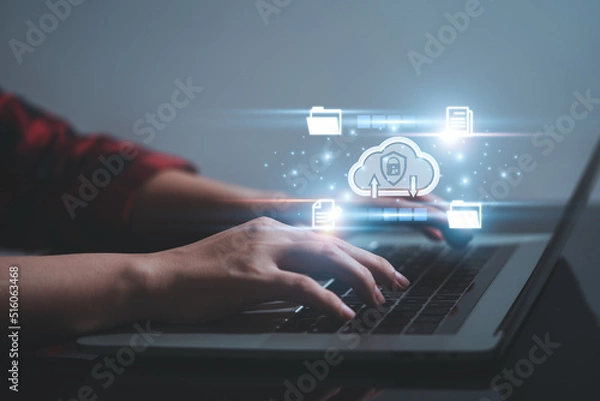 Fototapeta woman use Laptop with cloud computing diagram show on hand. Cloud technology. Data storage. Networking and internet service concept.