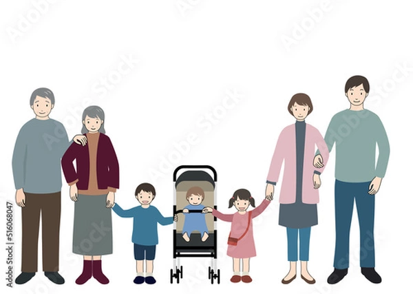 Fototapeta 楽しそうに手を繋いで正面を向いている3世代家族のセット