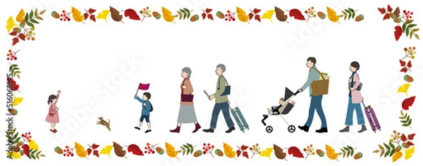 Fototapeta 笑顔で旅行に出かける3世代家族と紅葉のフレームセット