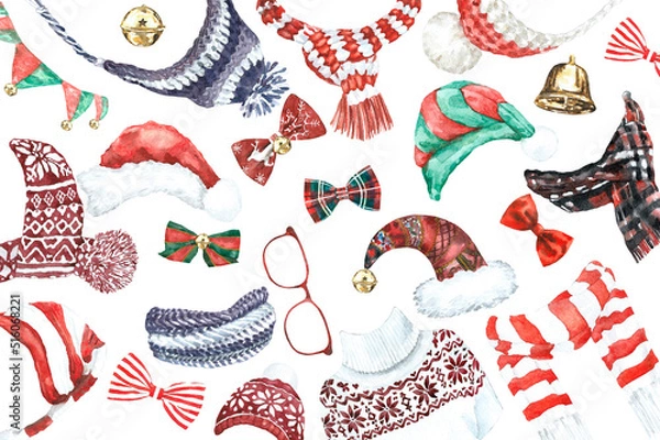 Fototapeta Christmas clothes watercolor object isolated, winter clothes accessories, ,christmas decor, new year, hipster clothes, create character overlay, drop, print, printable, clipart,diy
