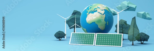 Fototapeta Clean energy concept on World Environment Day, sustainable energy or International Day of Forests concept tree and earth globe with solar cell panel with windmill on pastel background. 3d rendering