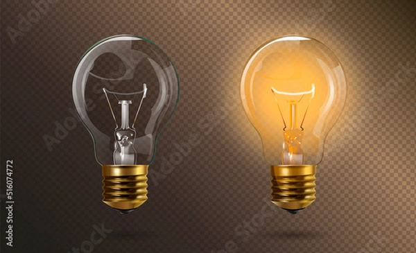 Fototapeta Retro transparent electric edison light bulb with a gold base in switched on and off position. Realistic 3d style. Isolated background. Object for infographics, presentations, web design, poster