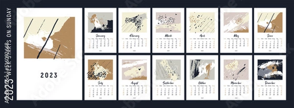 Fototapeta 2023 calendar design. Week starts on Sunday. Calendar design 2023. Editable calender page template A4, A3.  Abstract artistic vector illustrations. Pastel background. Set of 12 months.