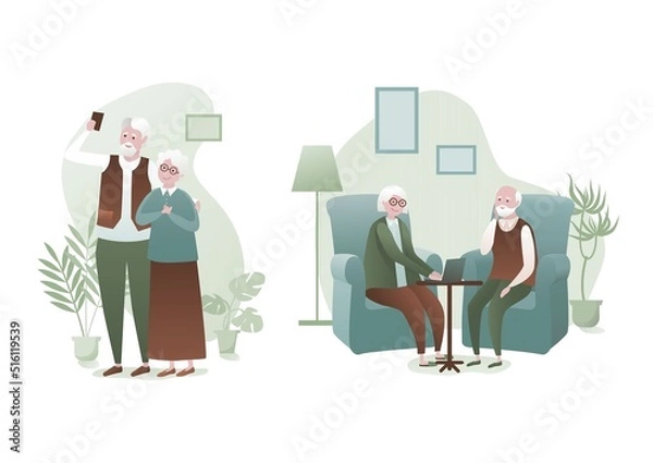 Obraz Old people with technology in flat style