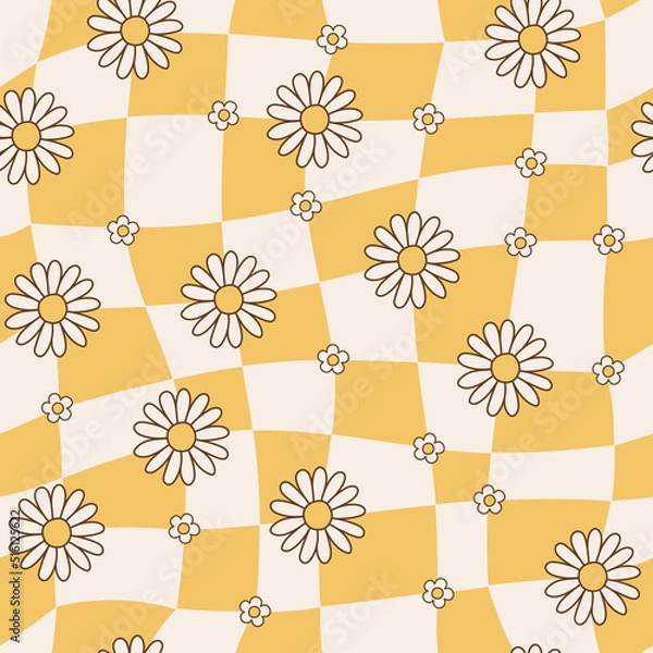 Fototapeta Seamless pattern psychedelic groovy checkerboard background in style retro 70s. Illustration with colorful flowers for wallpaper, fabric, textiles. Vector