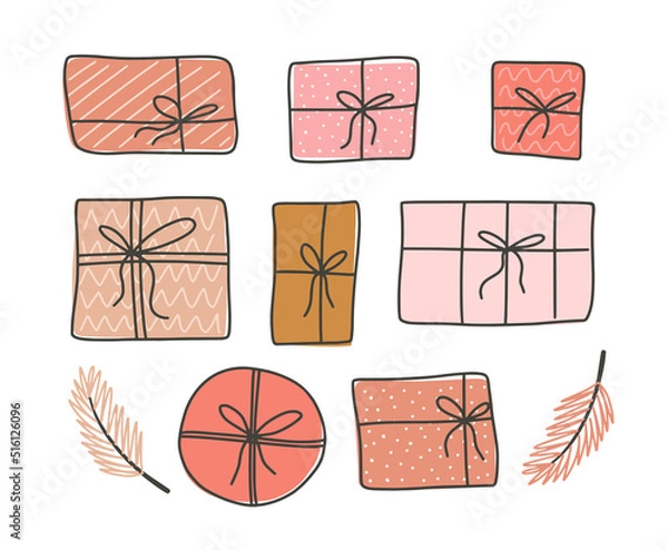 Obraz Set of pink christmas gift boxes with branches in doodle style. Cute collection of vector illustrations. Holiday presents for your design - poster, bag, t shirt, greeting card, invitation