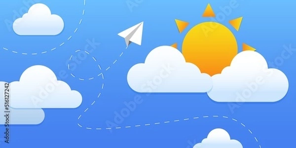 Fototapeta rocket paper plane is flying through the clouds on the sky - start up business concepts vector illustration flat style