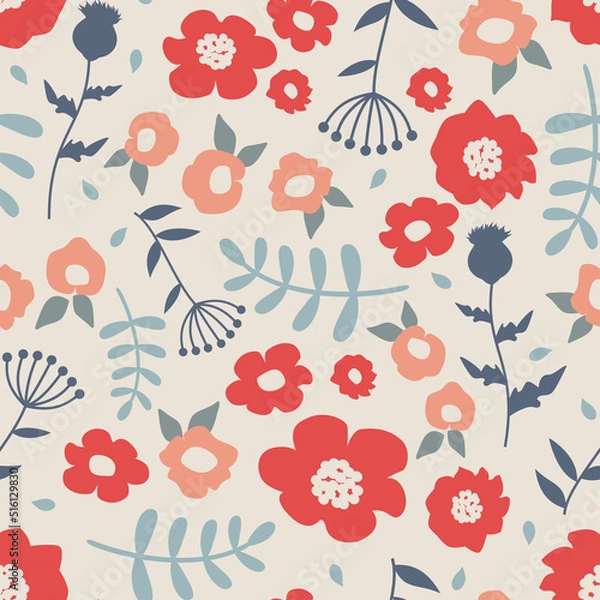 Fototapeta Red and beige flowers seamless pattern. Floral meadow blossom and branches vector design.