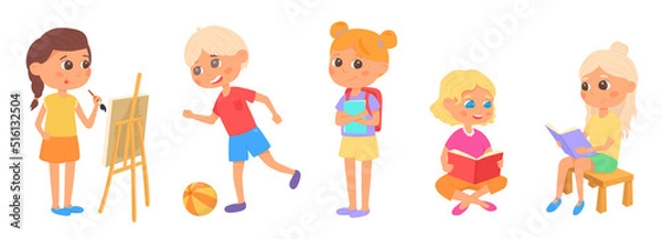 Obraz Cute, happy little boy and girls with backpacks going at school. Cartoon kids charachtes. Back to school. Vector illustration. Isolated on white background.