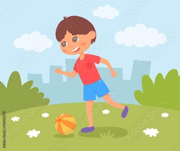 Obraz Little boy playing with a ball outside. Vector illustration. A child in a landscape has a fun playing football.