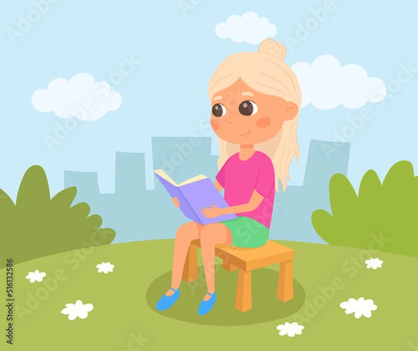 Obraz Girl sitting on a bench and reading a book. Blond schoolgirl in the park. Kid in summer garden.