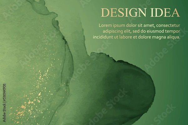 Fototapeta Modern watercolor background or elegant card design or wallpaper or poster with abstract green ink waves and golden splashes.