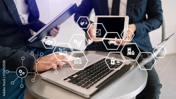 Fototapeta Business team working virtual tablet to emissions carbon CO2 climate change to limit global warming.Sustainable development and green business concept.