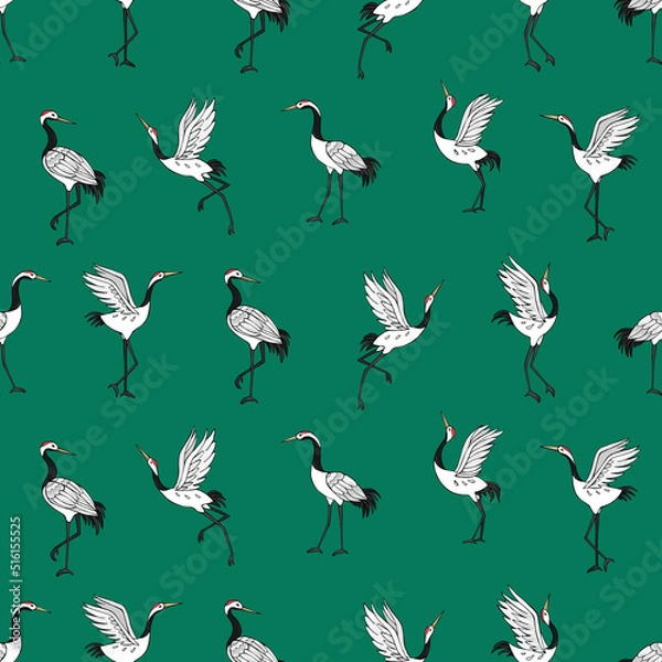 Fototapeta Seamless vector pattern of cranes. Decoration print for wrapping, wallpaper, fabric, textile.