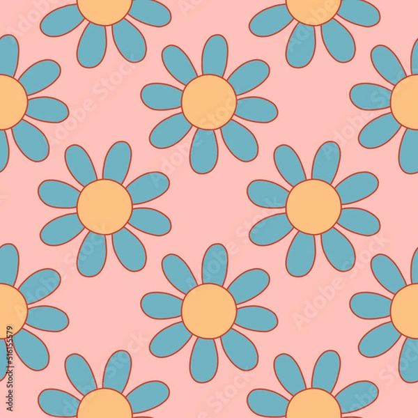 Fototapeta Daisy flowers from 1970 vibe. Vector seamless pattern. Hand-drawn illustration in flat style for groovy background, wallpaper, fabric, textile.