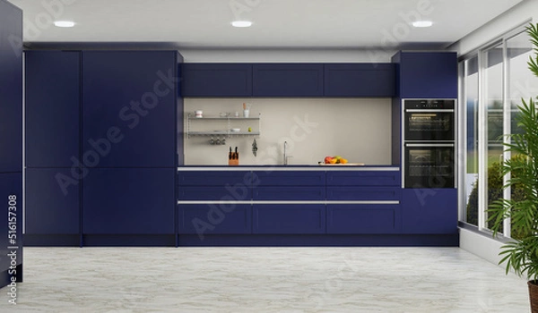 Obraz cooking room with a dinning table - wall. 3D rendering.