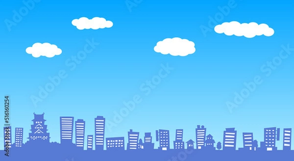 Obraz イラスト ：大阪城と町並みシルエット　昼