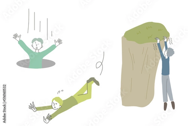 Fototapeta 穴に落ちる、道で転ぶ、崖から落ちそうな窮地に落ちそうな人々　イラスト　