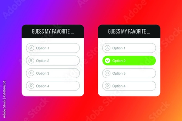 Obraz Quiz option template. Question stickers for poll stories page, popularity interface voting labels for typing answers template. Vector illustration eps10.
