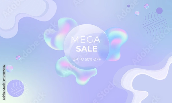 Obraz Holographic mega sale banner. Abstract fluid shapes with Glasmorphism style effect. Frosted glass effect. Blurry gradient for background, poster or flyer. Vector illustration.