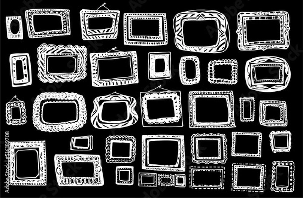 Fototapeta The frames are empty vintage. A large set of isolated vector frames, hand-drawn in doodle style with a white line on a black rectangular background of lines and dots with empty space inside for text. 