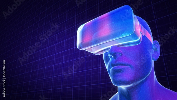 Fototapeta Hologram image of human wearing virtual reality glasses. 3d rendering.