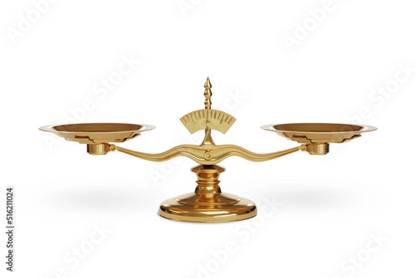 Obraz Golden balance scales isolated on white background.