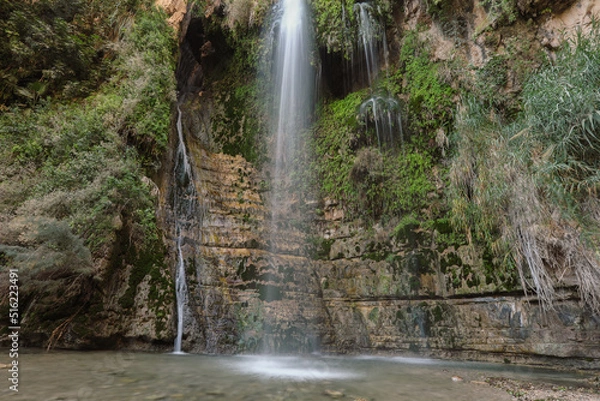 Fototapeta Waterfall and pool in the desert. Waterfall, Ein Gedi, Israel