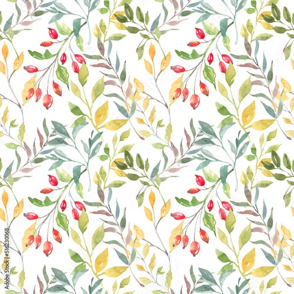 Fototapeta Watercolor pumpkin, figs, leaves seamless pattern isolated. Hand painted white botanical autumn floral illustration, pumpkin ornament for thanksgiving, halloween fabric, greeting card design,diy