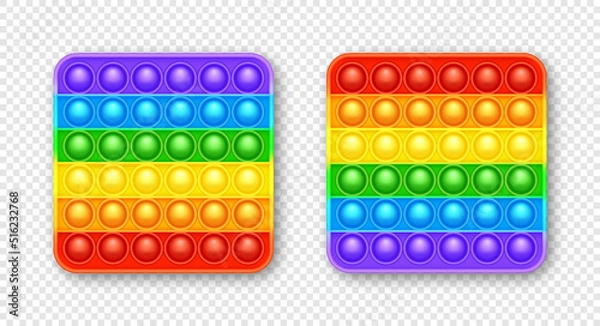 Fototapeta Colorful silicone anti-stress pop it toy. Trendy sensory game for children. Rainbow push pop fidget toy with brightly colored popping bubbles. Vector illustration