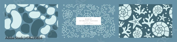 Obraz Collection of a marine seamless pattern. Trendy hand-drawn sea patterns perfect for branding, fabric, packaging, baby products, spa, wedding, cosmetics, etc. Minimal vector graphics, easy to adjust.