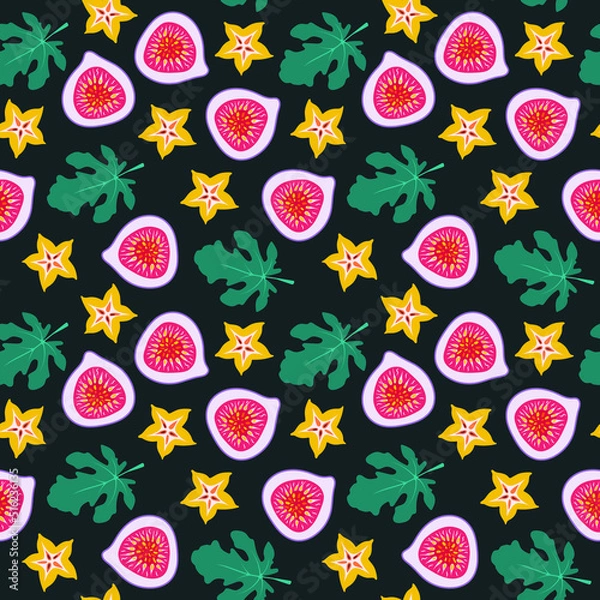 Fototapeta Seamless fig carambola pattern. Tropical fruit slices and green leaves. Hand drawn doodle. Sweet botanical print for wrapping paper, food package, menu design, wallpaper, fabric. Vector illustration