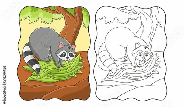 Obraz cartoon illustration The raccoon is gathering leaves from a big tree to make a nest for it to live in book or page for kids