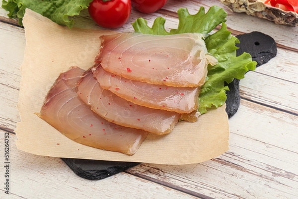 Obraz Sliced salted marlin fish carpaccio