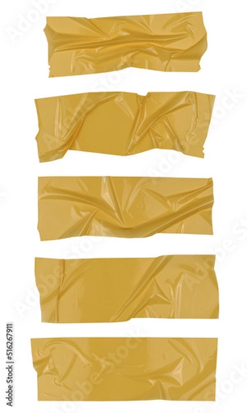 Fototapeta Yellow scotch tape on white background, crumpled sticky tape, different sizes