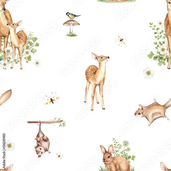 Obraz Watercolor baby rabbit, flying squirrel, opossum, fawn, deer, wild forest illustration. Woodland seamless pattern with cute animals Hand painted nature print for kids design, fabric