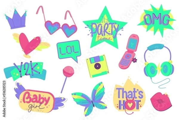 Fototapeta Y2K colorful stickers set. Editable vector illustration