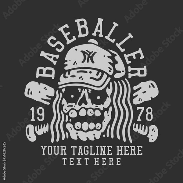 Fototapeta t shirt design baseballer 1978 with skull wearing baseball hat with gray background vintage illustration