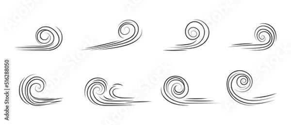 Fototapeta Blowing wind doodle. Outline wind movement symbol isolated on white background. Hand drawn air wave icon. Climate sketch element. Vector decorative dash lines in the shape of a curve.